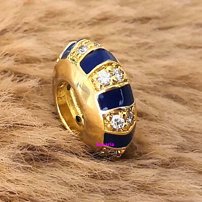 #ad NEW 100% 925 Sterling Silver Gold Plated Blue Exotic Stones Stripes Spacer Charm $18.99