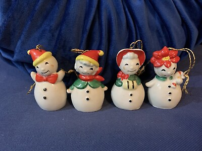 #ad Vintage 1950s Boy and Girl Snowmen Family Bell Mini Ornaments 2.5” Set Japan $49.99
