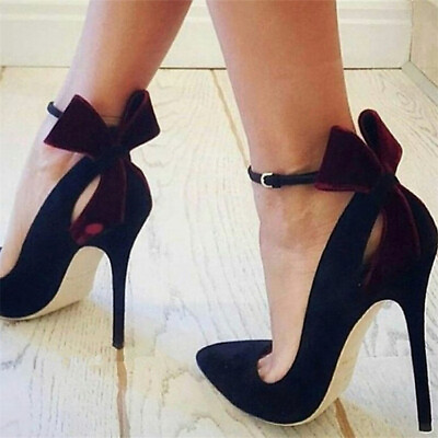 #ad Womens Sexy Black Pointed Toe Ankle Strap Bow Knot High Heels Stilettos Shoes $56.12