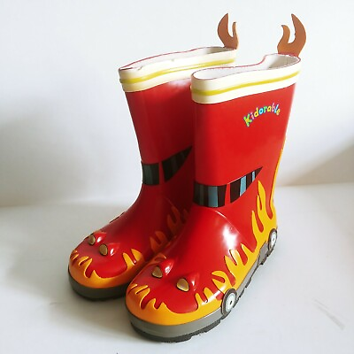 #ad KIDORABLE Rubber Rain Boots Red amp; Orange Race Car Theme Size 13 Youth NOS NWOT $23.95