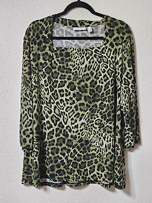 #ad Susan Graver Blouse Womens 2X Square Neck 3 4 Sleeve Leopard Print Stretch Top $27.95