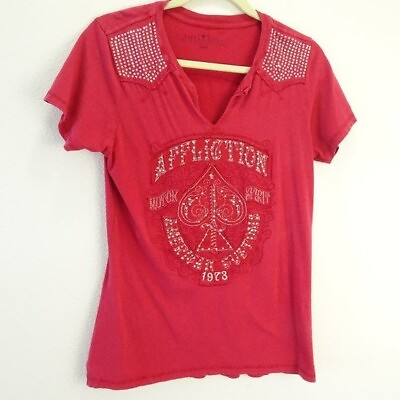 #ad Affliction Woman#x27;s Y2K Spade Rhinestone Embroidered Red V Neck Tee T Shirt M $22.95