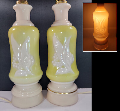 #ad Pair Vintage Aladdin Alacite Electric Table Night Lamps Lillies On Green Yellow $80.00