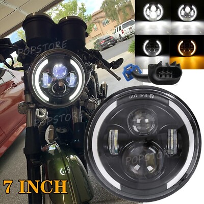 #ad 7quot; Motorcycle Blue Headlight LED Turn Signal Light For Harley Cafe Racer Black $28.56