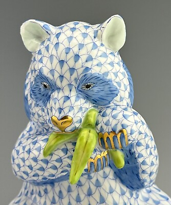 #ad 🦋 MINT HEREND Full Size PANDA Bear Blue Fishnet Figurine $705 Retail $399.00