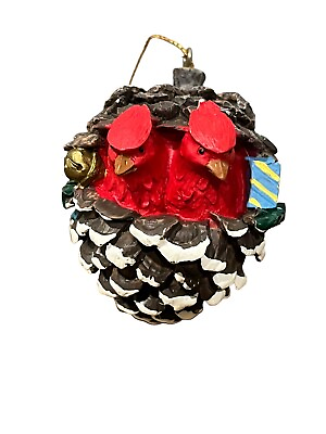 #ad Vintage Woodland Pinecone Pine Cone Snow Cardinals Red Birds Christmas Ornament $15.99