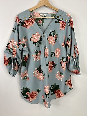 #ad MPH Collection 2X Light Blue Pink Floral Zip V Neck Roll Tab Sleeve Top $16.99
