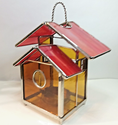 #ad STAINED GLASS RED YELLOW BIRD HOUSE SHAPE CANDLE HOLDER SILVER METAL $14.00