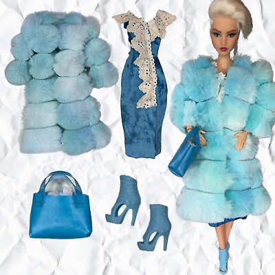 #ad Eledoll Clothes Fashion Pack for 12 inch Fashion Doll Teal Blue Fur Set $23.00