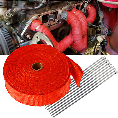 #ad 2quot; 50FT Roll Red Exhaust Wrap Manifold Header Pipe Heat Wrap Tape w 10 Ties Kit $16.78