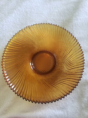 #ad Vintage Unique Amber Round Glass Bowl Swirl Pattern Sawtooth Edge from France $60.00