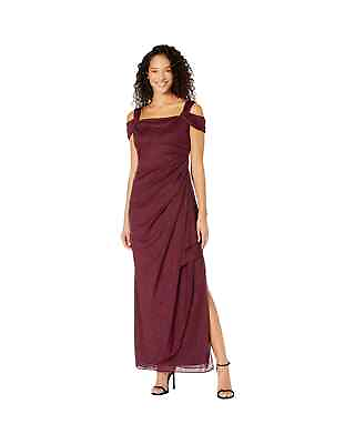 #ad Alex Evenings Women#x27;s Long Glitter Mesh Red Wine Shoulder Dress sz 10 $53.99