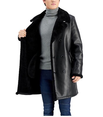 #ad GUESS Mens Long Pleather Double breasted Coat with faux shearling XL $189.00