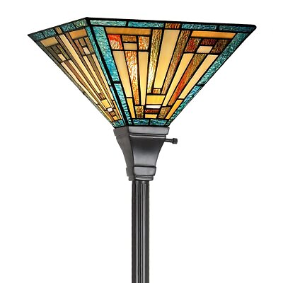 #ad Tiffany Torchiere Floor Lamp Mission Style Green Stained Glass Torch Light 70... $247.81