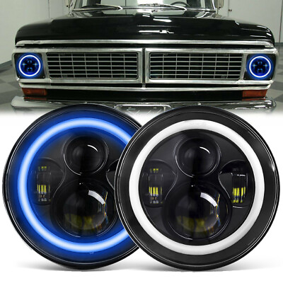 Pair 7#x27;#x27; Round LED Headlights DRL Blue Halo for 1953 1977 Ford F 100 F 250 F 350 $55.79