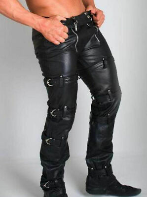 #ad Men#x27;s Real Cowhide Leather Carpenter Pants Trousers Restraint Leather Pants $134.99