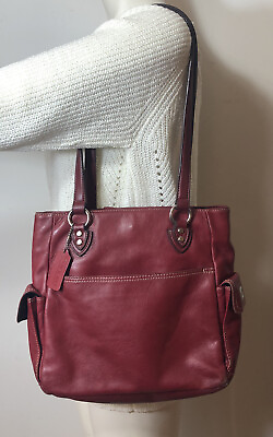 #ad Worthington Red Leather Purse Handbag Double Handle Pockets Snap Closure Zipper $18.95