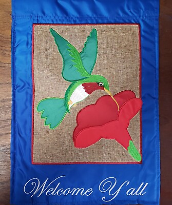 #ad Hummingbird Welcome Y’all Garden Flag Burlap Double Sided Appliquéd 13”X18” $9.95