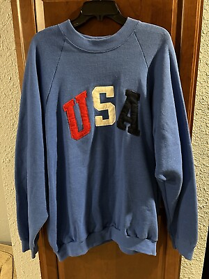#ad Vintage Distressed USA 80s Sweatshirt America Made In The USA Blue XXXL FOTL $39.99