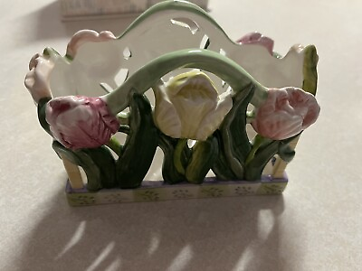 #ad Vintage Ceramic Tulips Napkin Holder Cottage Core $35.00