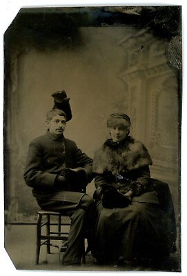 #ad CIRCA 1860#x27;S Rare 1 6th Plate TINTYPE Couple Winter Clothing Haunted Glove Prank $199.99