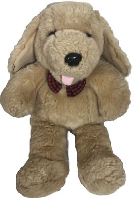 #ad Large Golden Bear Co Dog Plush Stuffed Animal Red Gingham Bow Pink Tongue 17” $20.30