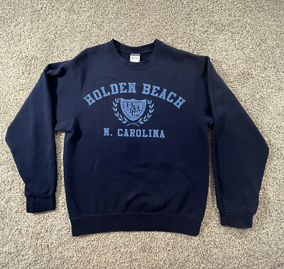 #ad Vintage 90s Streetwear Men Holden Beach N ￼Carolina￼ Crewneck Sweatshirt Blue $45.88