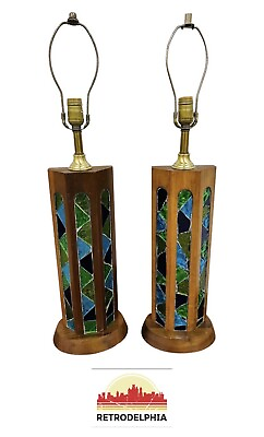 #ad Mid Century Modern Walnut Stained Glass Table Lamps Set of 2 $995.00