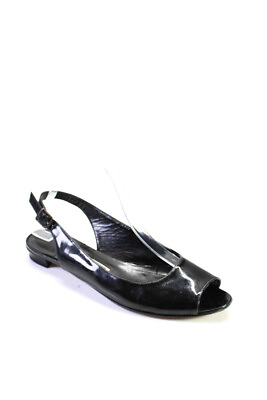 #ad Manolo Blahnik Womens Patent Leather Peep Toe Slingbacks Flats Black Size 39.5 9 $109.79