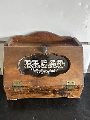 #ad Vintage Wooden Bread Box Glass Window Stenciled 1984 Rustic Charm Kitchen $32.99