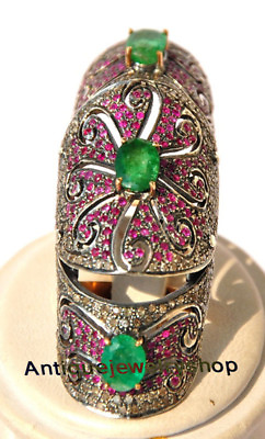#ad 3.12ct ANTIQUE ROSE CUT DIAMOND SILVER VICTORIAN RUBY EMERALD KNUCKLE PARTY RING $685.00