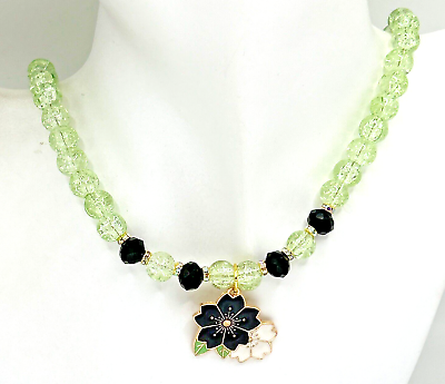 #ad SPRING BLOOMS Necklace: 18quot; 2quot; Green Crackle Glass Beads Black Flower Pendant $9.99