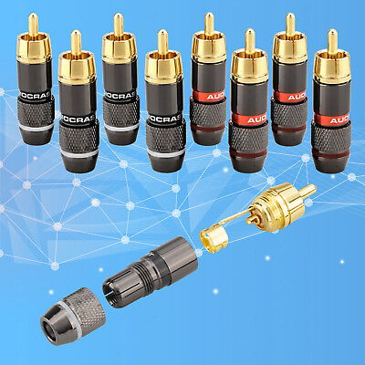 #ad 8pcs HiFi RCA Plug Gold Plated 6mm Male Double Self Locking Lotus Wire Connector $10.00