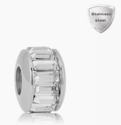 #ad Stainless European Charm Bead Spacer Rhinestone CZ fits Bracelets Jewelry Silver $10.99