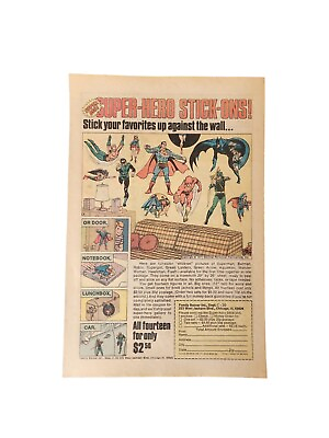 #ad PRINT AD 1974 Super Hero Stick Ons Comic Book Size Original amp; Authentic $9.90