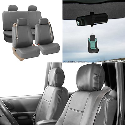 #ad Seat Covers PU Leather For Built In Seat belt Auto Car Sedan SUV Gray w Gift $59.99