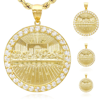 #ad Solid 10K Gold Simulated Diamond Frame Last Supper Round Pendant 0.8quot; 1.6quot; $172.82