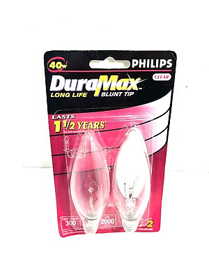 #ad 2 PHILIPS Duramax 40 Watt B10 Clear Blunt Tip Candelabra Base Bulbs New Bulb $7.95