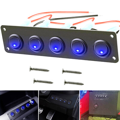 5 Gang Toggle Rocker Switch Panel For Car Boat Marine RV Truck Blue LED 12V $10.59