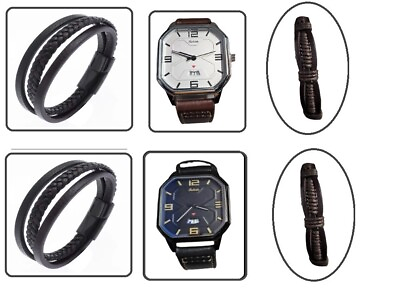 #ad Men#x27;s Quartz Smart Rectangle Analog Wristwatch wid 2 Leather Bracelets 3 Set GBP 14.95
