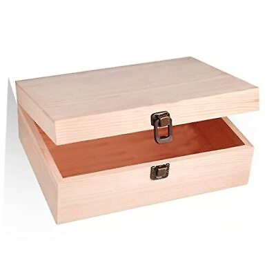 #ad Unfinished Pine Wood Box Large Wooden Boxes with Hinged Lid for Craft DIY $28.01