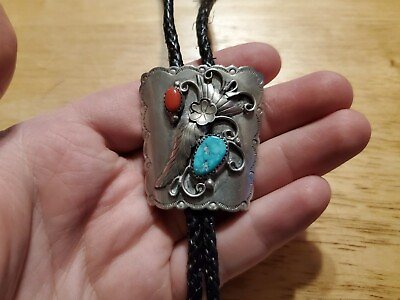 #ad Vintage Native American Silver amp; Turquoise amp; Coral Bolo Tie Sun Marking $65.00