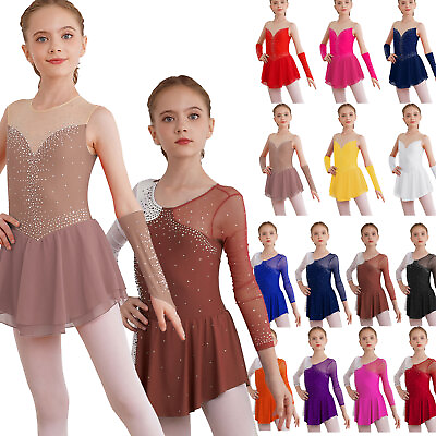 #ad Kids Girls Figure Skating Stage Performance Rhinestone Keyhole Back Dance Dress $15.20
