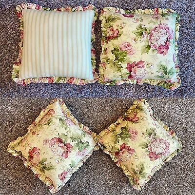 #ad 2 Rose Tree Pale Yellow Romantic Floral Stripe 18”Square Throw Accent Pillows $60.20