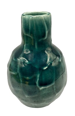 #ad Signed JM Art Pottery Bud Vase Teal Green Blue Scale Small Crazing Crackle 4.25” $11.99