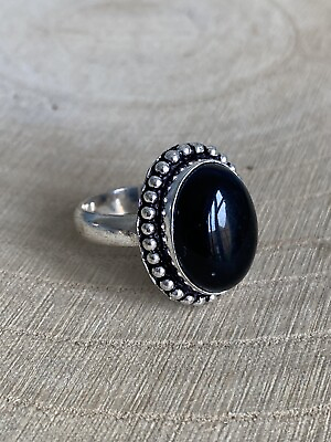#ad Natural Black Onyx Ring Size O 1 2 Sterling Silver 925 Plated Oval Handmade GBP 9.44