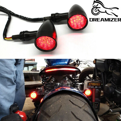 #ad Motorcycle Black Bullet LED Brake Blinker Turn Signal Rear Light For Bobber Cafe $21.65