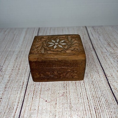 #ad #ad Vintage Solid Wooden Box Jewelry Trinket Hand Carved Wood Floral Inlays $9.99