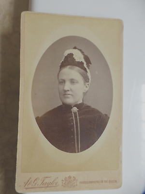 #ad Antique CDV Cabinet Photo Stern Lady Lovely Chain Brooch Unusual Hat $3.45