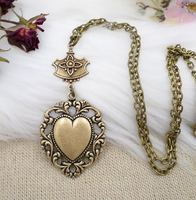 #ad Brass Heart Necklace Romantic Academia Girly Victorian Reproduction Jewelry $26.80